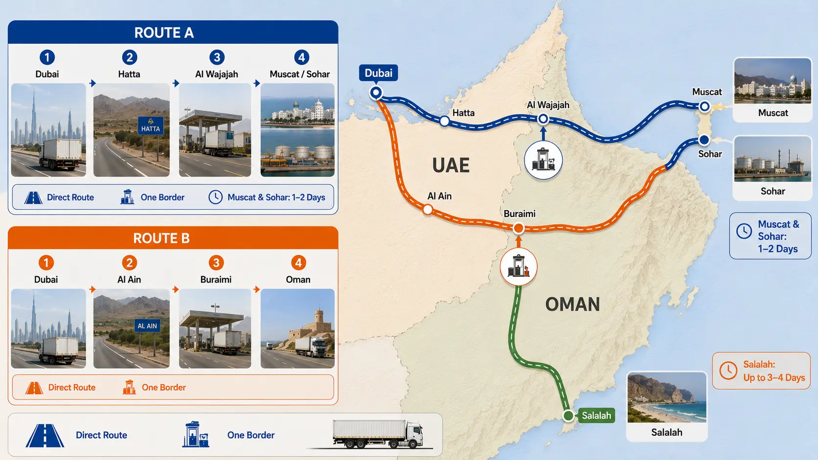 Dubai to Oman cargo routes, two border crossing options