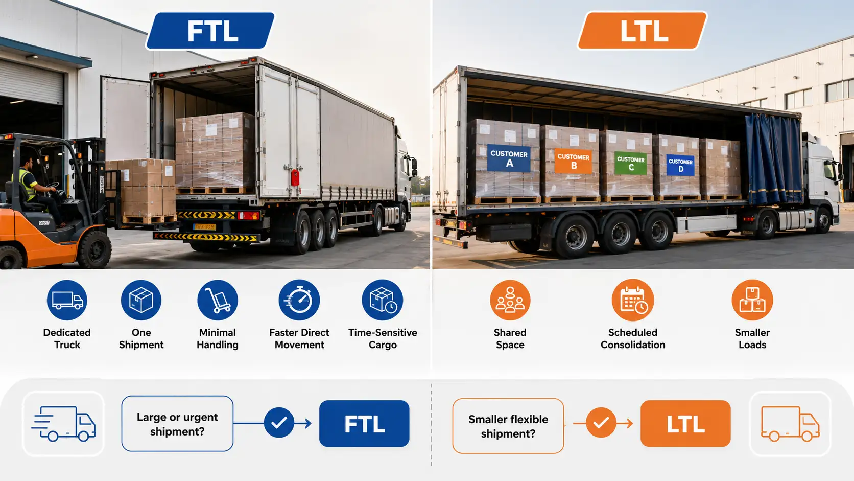 FTL vs LTL comparison infographic for Khaleej Cargo road freight