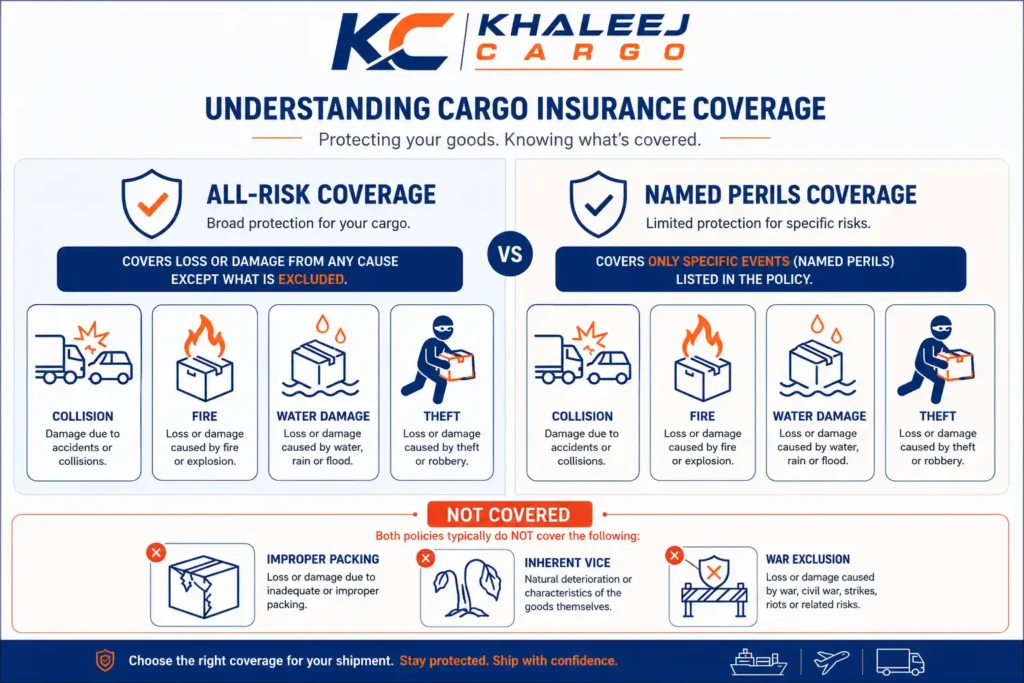 Khaleej Cargo insurance policy overview infographic — what cargo insurance covers on Dubai to GCC road freight