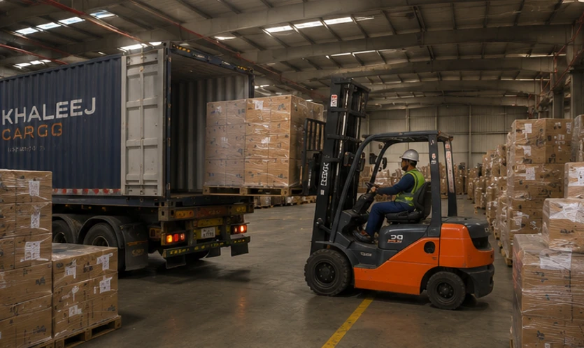 Khaleej Cargo truck being loaded with a loading vehicle inside a Dubai warehouse