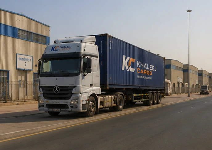 Khaleej Cargo truck parked out side Dubai Warehouse — cargo pickup in Deira, Dubai