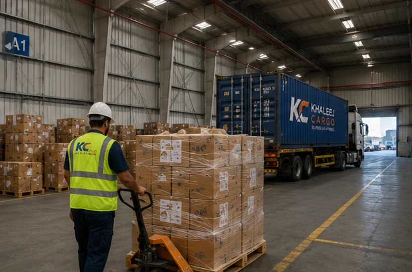 Khaleej Cargo staff member carrying goods inside a Dubai warehouse