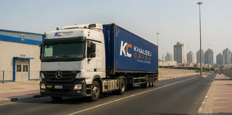 Khaleej Cargo container truck parked outside the warehouse, ready for departure