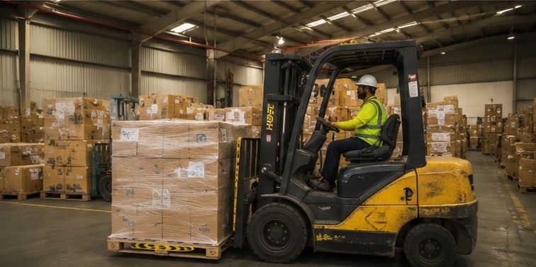 Khaleej Cargo loading vehicle carrying goods inside a Dubai warehouse