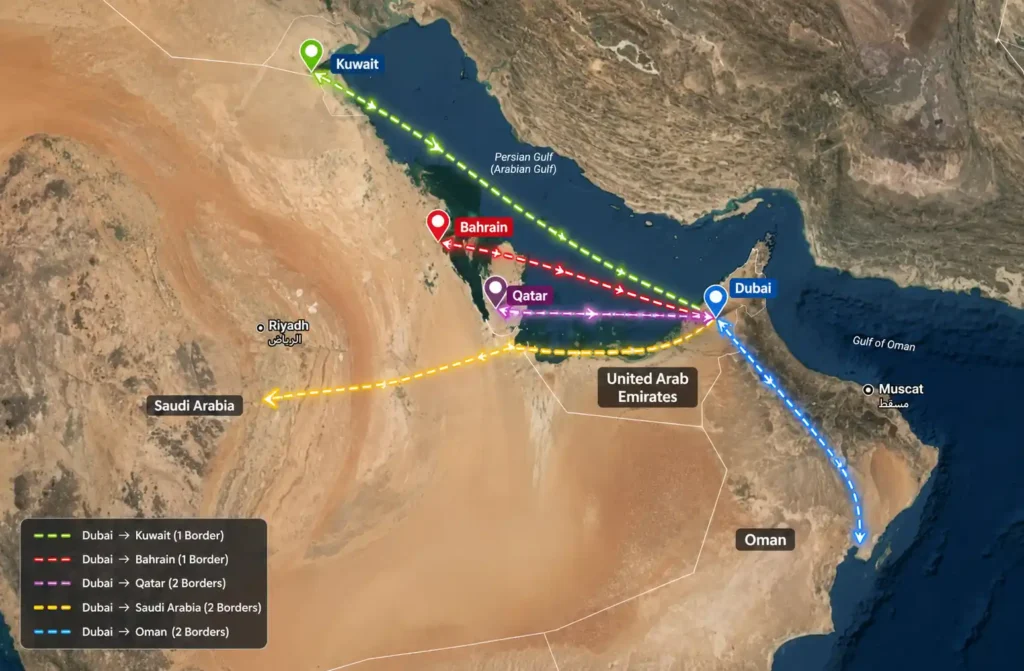 Map of Khaleej Cargo road cargo routes from Dubai to Saudi Arabia, Qatar, Oman, Kuwait and Bahrain
