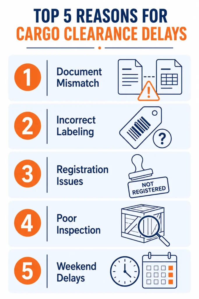Top 5 reasons for cargo clearance delays at GCC borders infographic