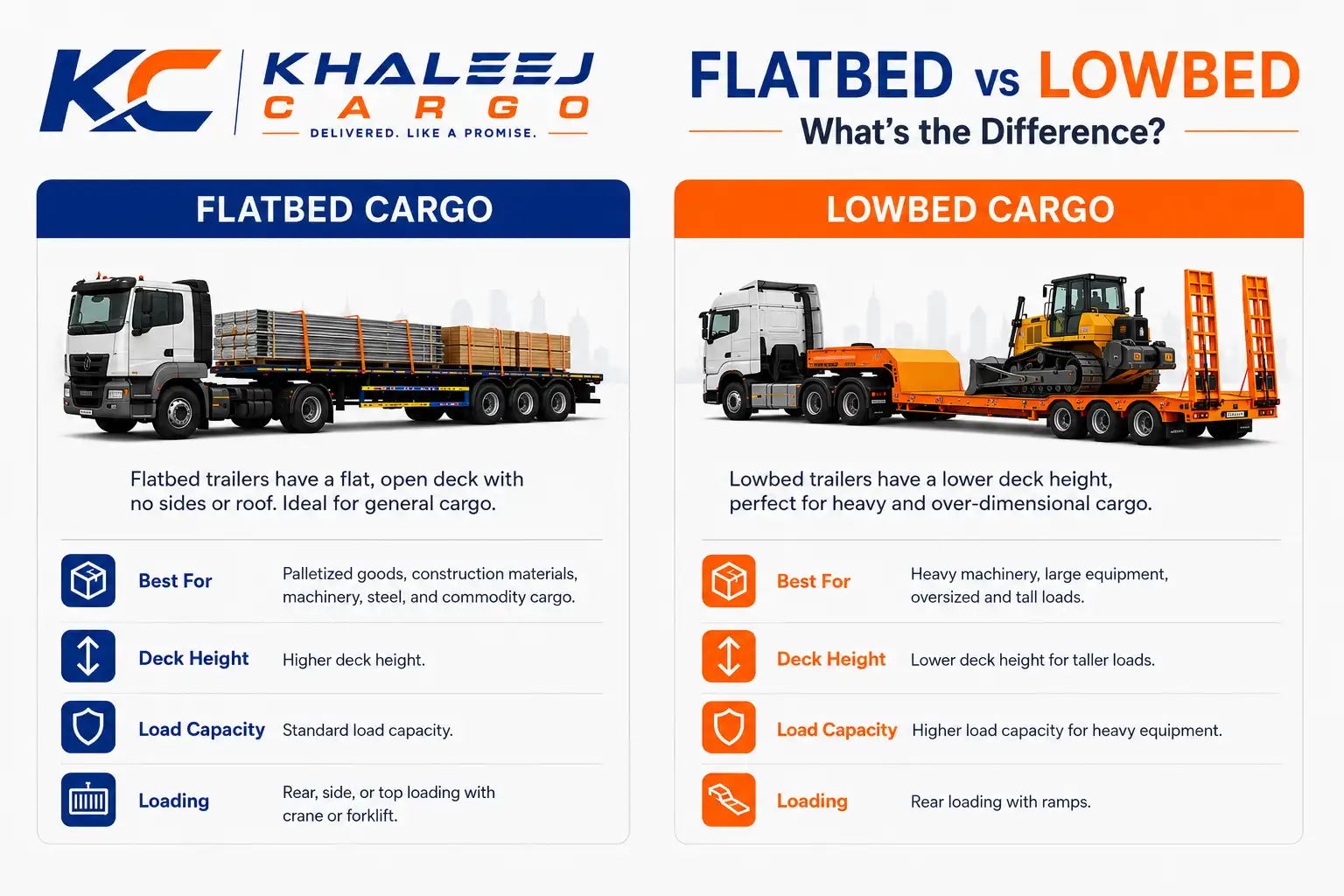 Flatbed vs lowbed trailer comparison for oversized cargo transport in Dubai
